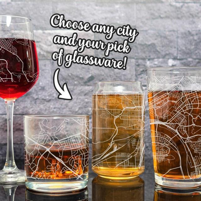 Custom City Map on Pint Glass, Whiskey Glass, Wine Glass, or Beer Can Glass, Engraved Map of Any Town or City, Gift for Him, Gift for Her
