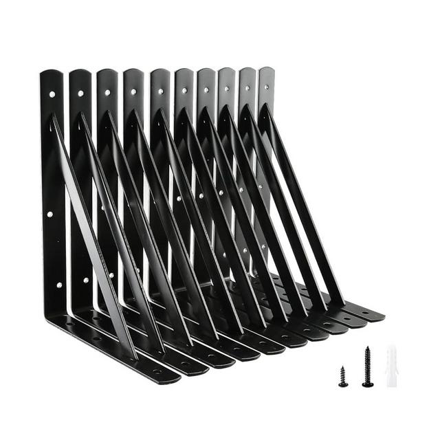 HOME MASTER HARDWARE 12 inch x 8 inch Heavy Duty Shelf Brackets, Load Capacity: 600lb, Black Metal 90 Degree Supports for Shelves 10-Pack, Wall Mounted L Bracket for Floating Shelving with Screws