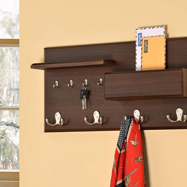 HA-84086 - Entryway Coat Rack Mail Envelope Storage and Key Holder Hooks in Cappuccino Finish