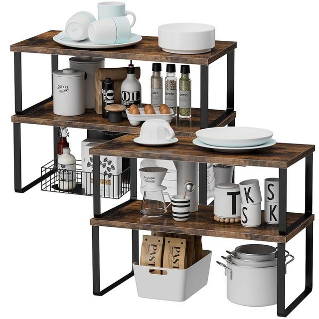 OGEMXU Cabinet Shelf Organizers, Large 15.7 in(L) Kitchen Counter Shelf Set of 4 Kitchen Pantry Organizer Storage Shelves, Stackable & Expandable, Metal Black, Brown