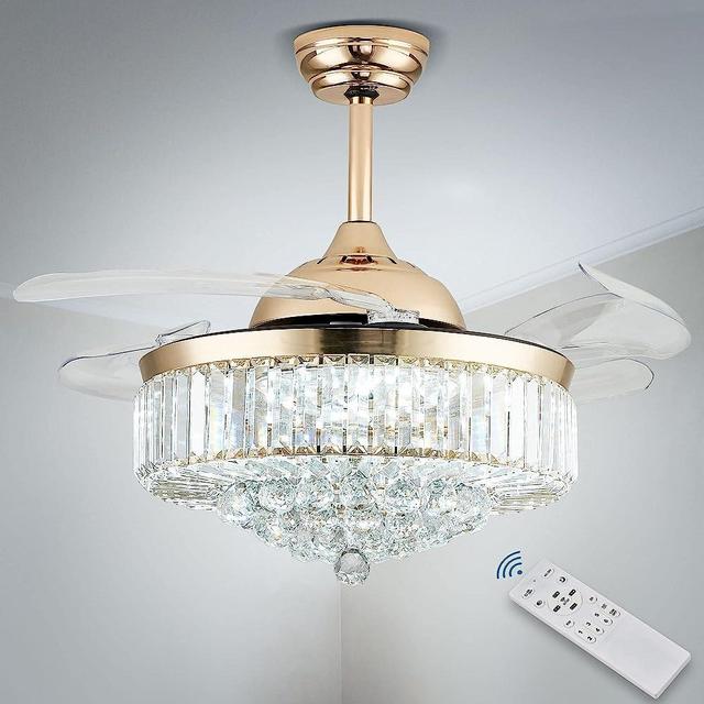 42” Chandelier Ceiling Fan Lighting Dimmable Remote Control Fandeliers Crystal Ceiling Fan with Lights for Bedroom Living Room Speed 3 Light (Gold）