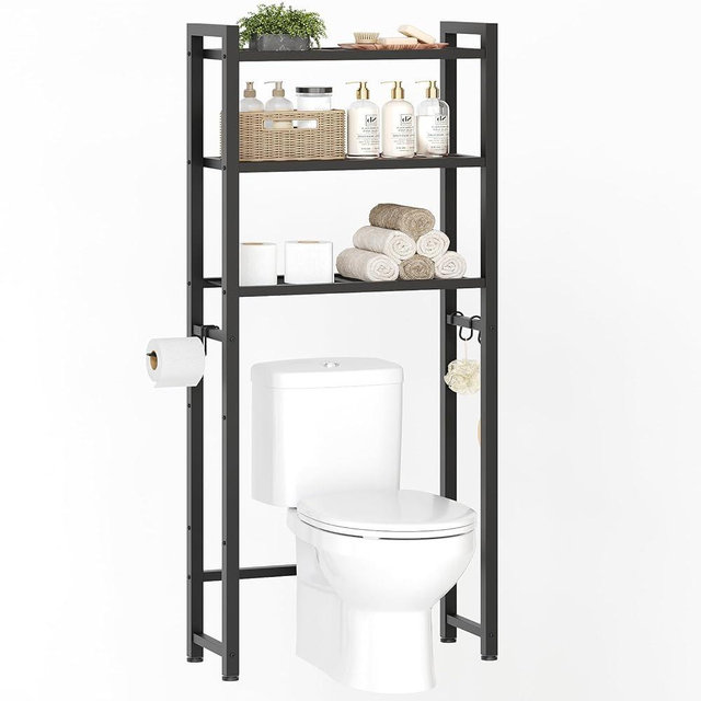 YATINEY Over The Toilet Storage, Bathroom Organizer Shelf with Toilet Paper Holder, 3-Tier Multifunctional Vertical Shelves, Freestanding Above Toilet Rack for Bathroom, Rustic Brown TR02BR