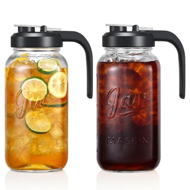 Glass Pitcher with Lid - 2 Quart Mason Jar Pitcher with Filter Lid, Wide Mouth Jar Leak-proof Water Jug, Heavy Duty Container for Water, Juice, Milk, Tea, Iced Coffee, and Drinks - Set of 2