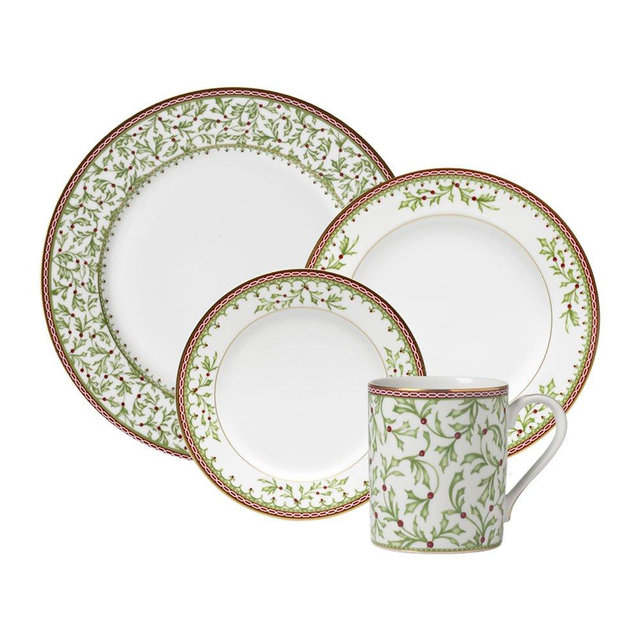 Mikasa Holiday Traditions Dinnerware Set with Mugs, 16 Piece, Green, White