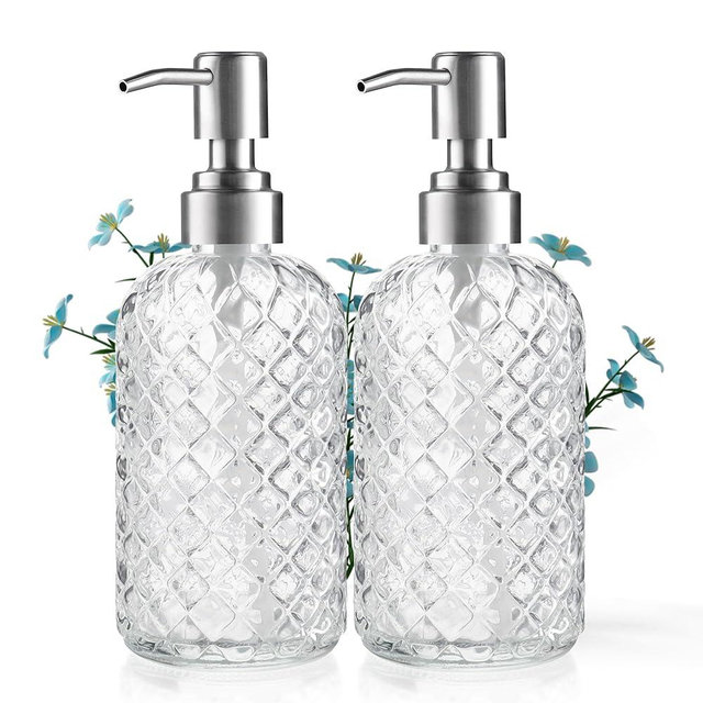 14 Oz Refillable Glass Soap Dispenser with Rust Proof Stainless Steel Pump, for Dispense Hand soap, Body wash, Lotion 2pack