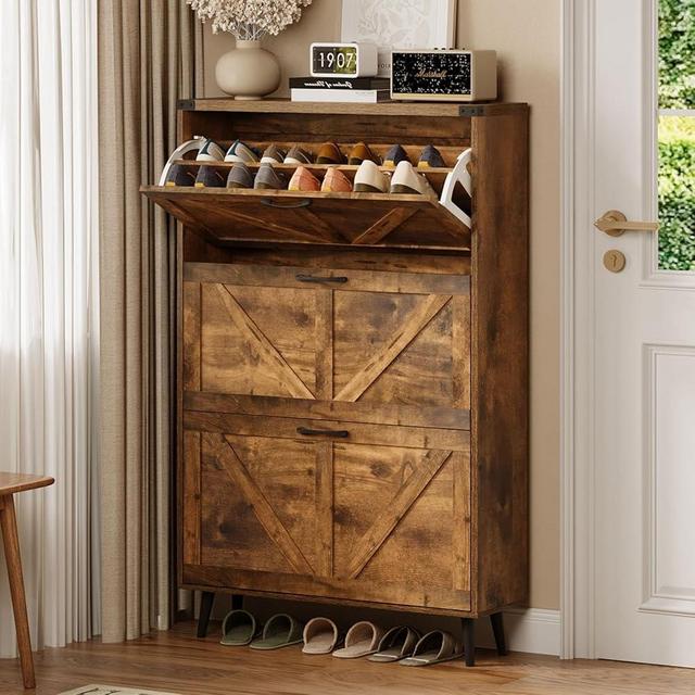 Halitaa Shoe Cabinet Wtih 3 Flip Drawers,Shoe Storage Cabinet for Entryway,Freestanding Slim Shoe Organizer Cabinet,Farmhouse Narrow Shoe Rack Cabinet with Legs,Brown