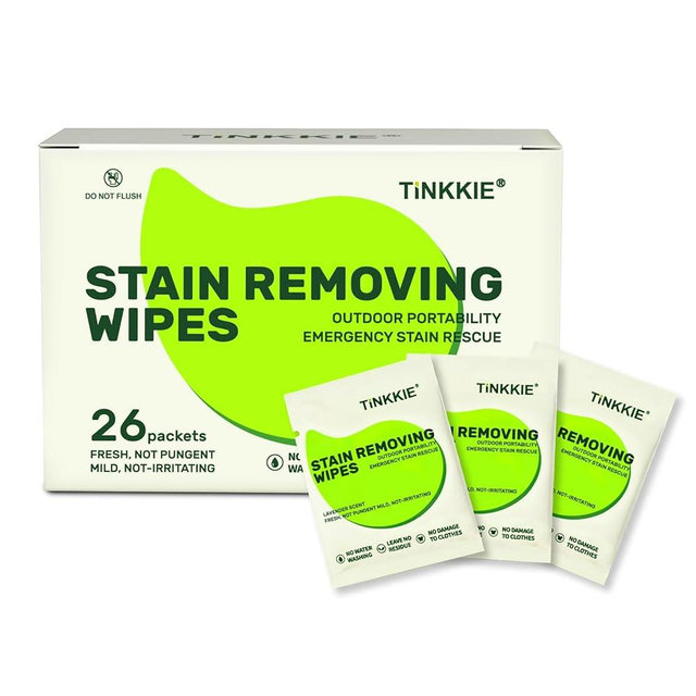 TiNKKiE 26 Pack Stain Remover Wipes for Clothes & Fabric – Instant Clothing Stain Remover for Shoes, Shirts & Jackets, Individually Wrapped Portable Wipes for Travel & On-the-Go Cleaning