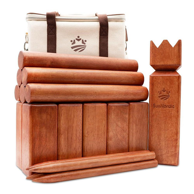 SunNordic Kubb Yard Game Set, Garden Rubber Wood Outdoor Tossing Game with Canvas Carry Bag, Giant Viking Clash Chess Game for Kids, Adults & Backyard Lawn