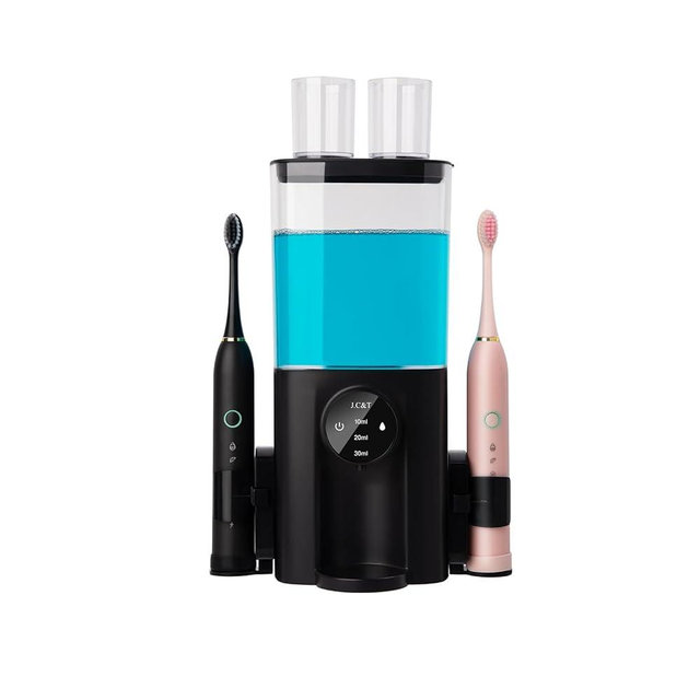 J.C&T Mouthwash Dispenser for Bathroom, 650ML(22 Fl Oz) Smart Mouthwash Dispensers Toothbrush Holders Wall Mounted,Wall Mounted/Countertop Automatic Mouthwash Dispenser for All Age Groups,Black