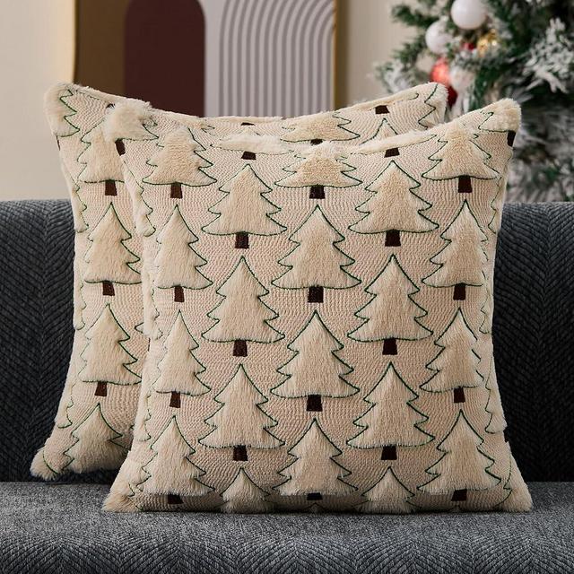 Allorry Christmas Pillow Covers 18x18 inch Set of 2 Christmas Decorations Soft Plush Faux Fur Wool Beige Xmas Tree Throw Pillow Cases Winter Holiday Decor for Sofa Living Room PT-012C18