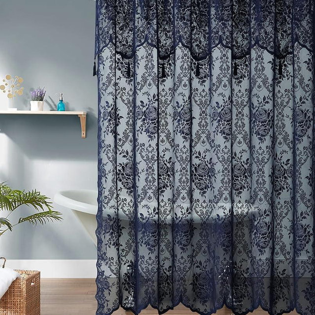 Warm Home Designs Navy Blue Lace Shower Curtain 72 x 72 with Attached Valance & 7 Tassels. Luxury Farmhouse Shower Curtains for The Bathroom or Boho Shower Curtains for Bathroom. LA Navy 72"