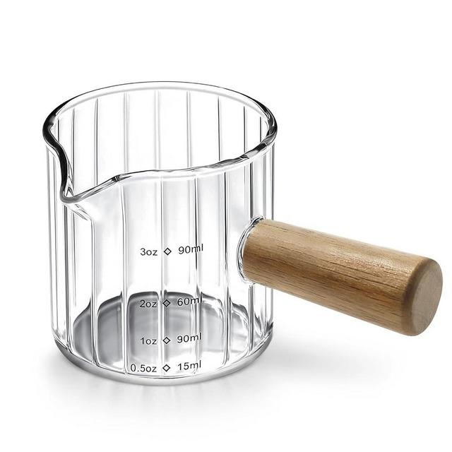 Espresso Measuring Cup 3 Oz, Espresso Glass Cups with Wood Handle, Milk Frothing Cup, Espresso Cup for Coffee, Milk, Tea or Maple Syrup Serving