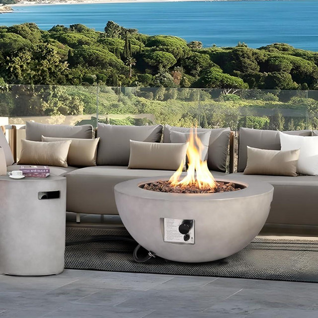 lovamsal 31.5 Inch Outdoor Propane Fire Pit Table 2-Piece 50,000 BTU Gas Fire Pit Concrete Round Burner Tank Cover Fire Coffee Table with Lid for Garden,Deck-31.5" Grey