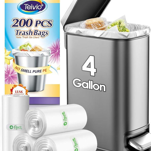 Teivio Small Trash Bags 4 Gallon 200 Counts Garbage Bags, Bathroom Trash Can Bin Liners, Small Plastic Bags for home office kitchen, fit 12-15 Liter, 3,3.5,4.5 Gal, Clear