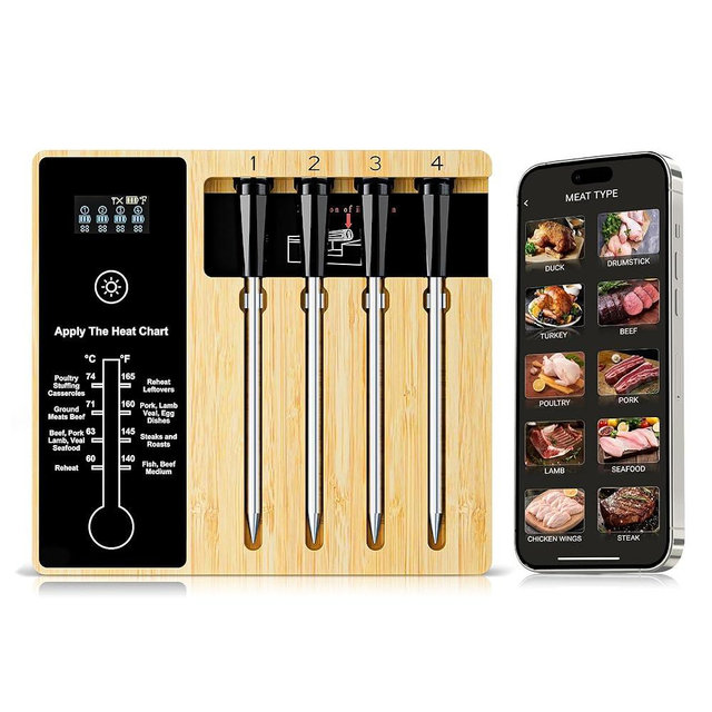 Wireless Meat Thermometer for Grilling 4 Probes, Remote Bluetooth Digital Thermometer, Super Stability and Accuracy, Electric Smart Meat Thermometer for Cooking and Smoker, NIGOGOR for iOS & Android