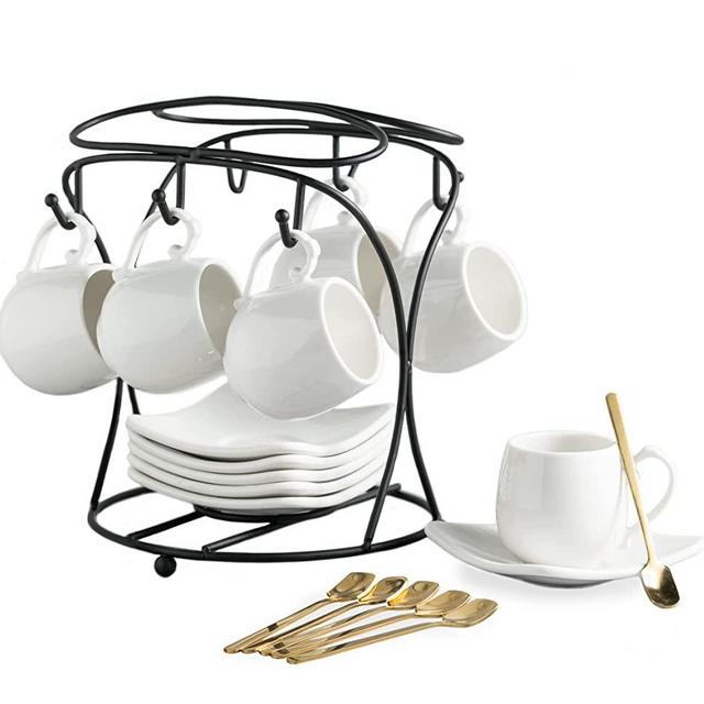 Espresso Cups with Saucers Set, Porcelain Coffee Cups and Metal Stand and Spoons, Small Demitasse Cups for Espresso, Latte, Cafe Mocha, Cappuccino, and Tea, 3 OZ, Set of 6, White