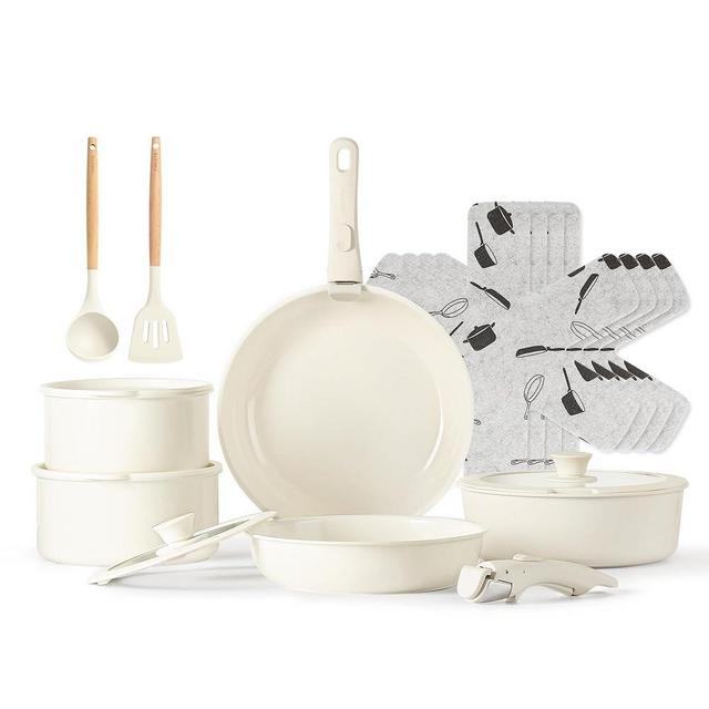CAROTE 17pcs Pots and Pans Set, Ceramic Cookware Set Detachable Handle, Induction Nonstick Kitchen Cookware Sets with Removable Handle, Non Stick RV Cookware Set, Oven Safe Cookware Set, Cream White