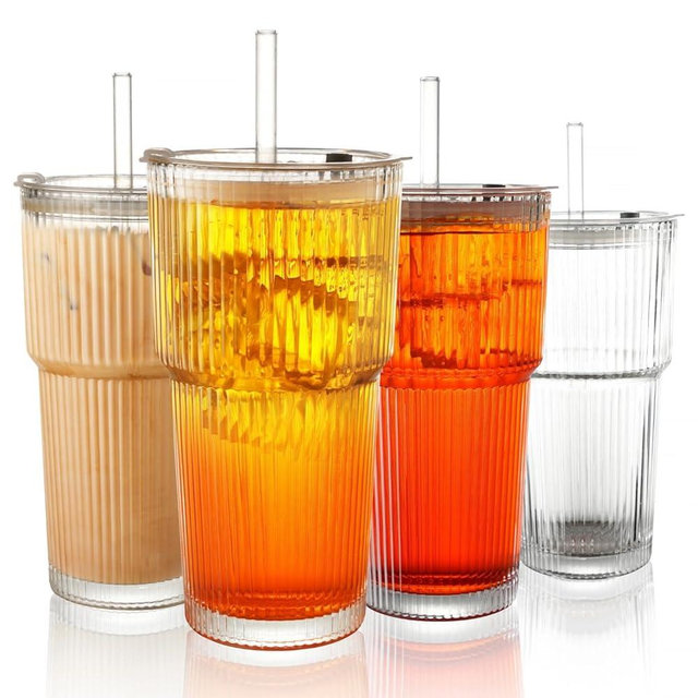 Zextira 20 oz Glass Tumbler With Lid and Straw Set, 4 Pcs Large Ribbed Glass Tumbler, Reusable Iced Coffee Cups for Water, Tea, Coffee, Juice, Yogurt, And Soda Water