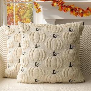 4TH Emotion Fall Pumpkin Decorative Pillow Covers 18"x18" Set of 2, Beige Soft Plush Faux Fur Throw Cushion Cases for Autumn Thanksgiving Holiday Home Decorations