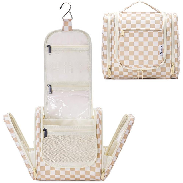 Narwey Large Hanging Toiletry Bag for Women Travel Makeup Bag Organizer Toiletries Bag Dry Wet Separation (Light Brown Checkerboard)
