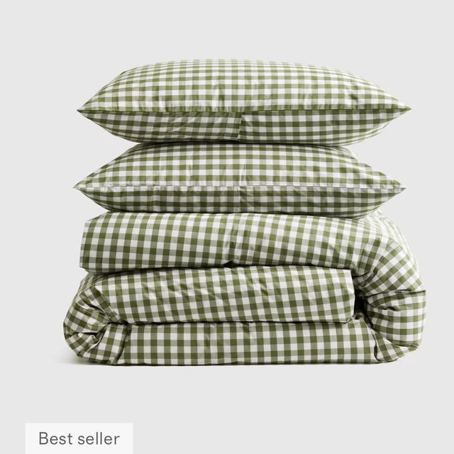 Organic Crisp Percale Gingham Duvet Cover Set - Olive, King/Cal King