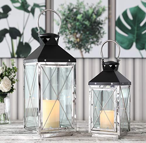 JHY DESIGN Set of 2 Stainless Steel Decorative Candle Lanterns 19"&14" High Metal Candle Lanterns for Indoor Outdoor Events Parities Weddings Vintage Style Lantern (Silver Body, Black Top)