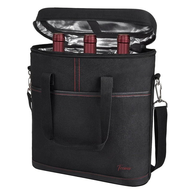 Tirrinia Insulated Wine Gift carrier - 3 Bottle Travel Padded Wine Carry Cooler Tote Bag with Handle and Adjustable Shoulder Strap, Black