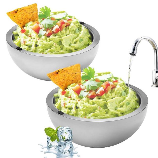 Dip Chiller Bowl - Large 70oz Capacity - Frozen Ice Stainless Steel Serving Bowl - Insulated Dip Dish Platter Keeps Salsa, Guacamole, Condiments, Sauces, Salad & Food Hot or Cold (2 Bowls)