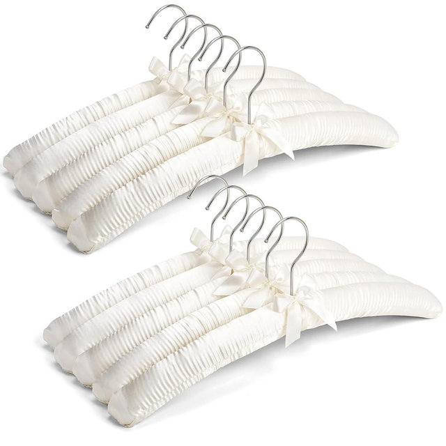Amber Home 10 Pack 17 Inch Large Ivory Satin Padded Hangers for Women Clothing, Anti Slip Cushioned for Sweaters, Silk Fancy Dress for Wedding, Delicate Cashmere