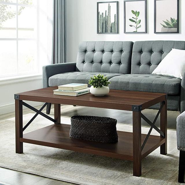 Walker Edison Furniture Company Rustic Modern Farmhouse Metal and Wood Rectangle Accent Coffee Table Living Room Ottoman Storage Shelf, 40 Inch, Dark Walnut