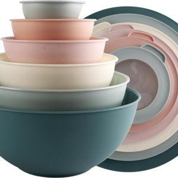 COOK WITH COLOR Mixing Bowls with TPR Lids - 12 Piece Plastic Nesting Bowls Set includes 6 Prep Bowls and 6 Lids, Microwave Safe (Teal)