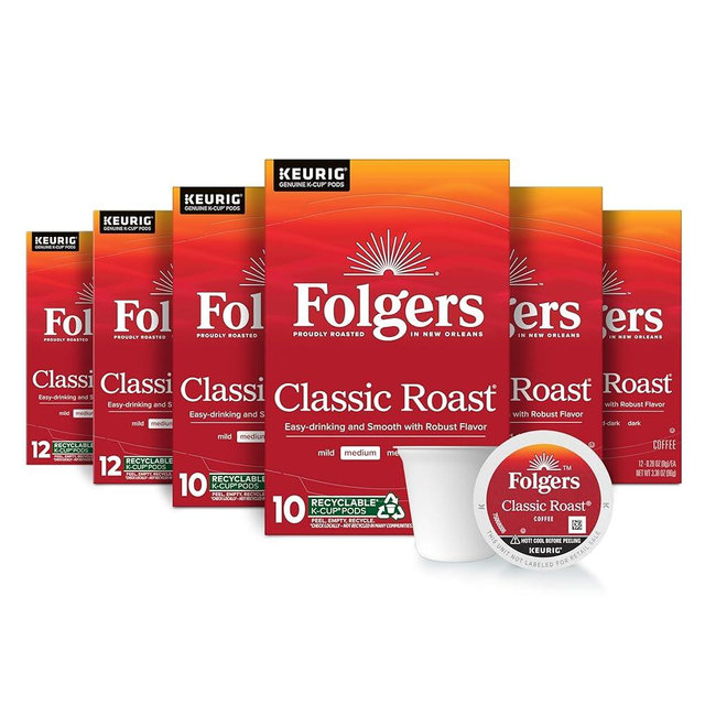 Folgers Classic Roast Coffee, Medium Roast, Keurig K-Cup Pods, 10 Count Box (Pack of 6)