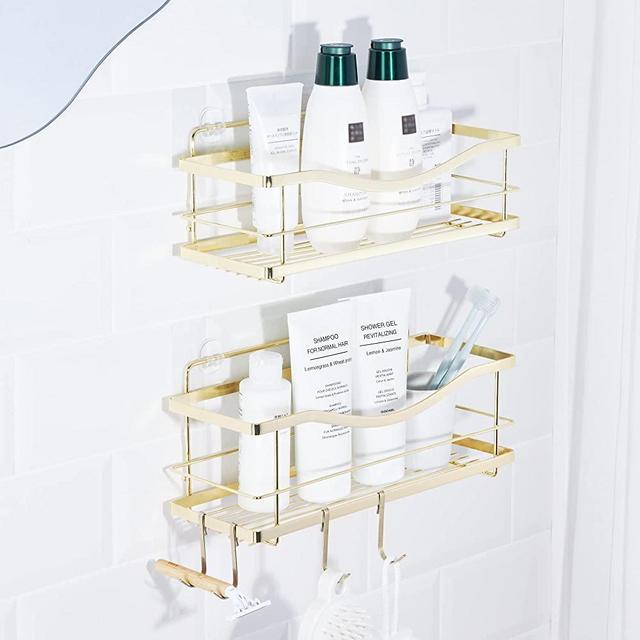 KINCMAX Shower Caddy, Rustproof SUS304 Stainless Steel, Adhesive Wall Mount Baskets with Hooks (Gold)