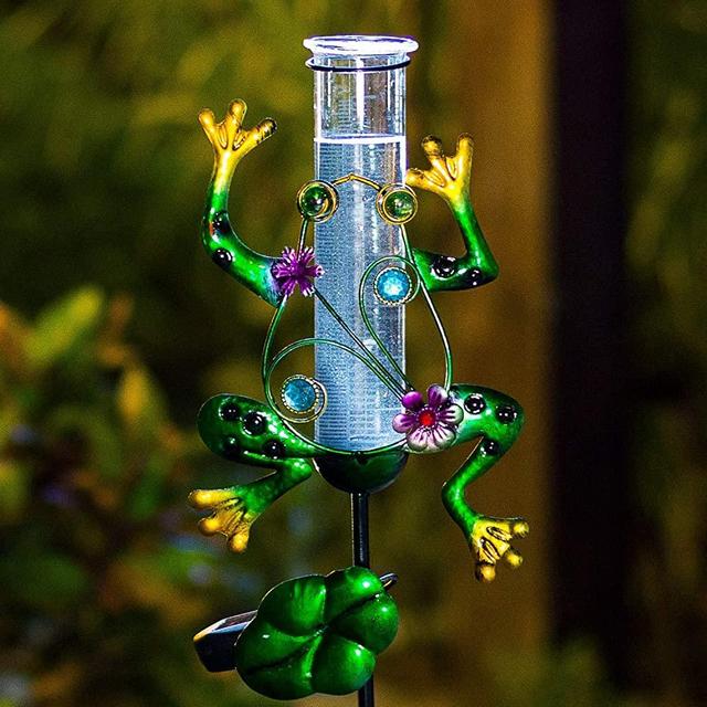 RUILAIYA BOAER Solar Powered Rain Gauge Outdoor,Metal Frog Figurine Stake for Garden, LED Lights Glass Tube (Solar Rain Gauge)