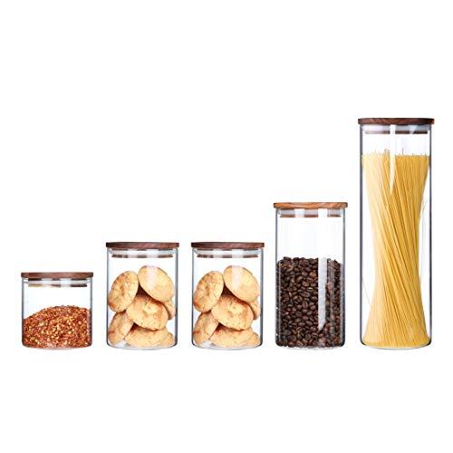Clear Glass Canister With Airtight Wood Lid Food Storage Jar With Airtight Lid For The Kitchen Air Tight Container Wooden Lid For Dry Food Storage, BPA Free (63oz、39oz、25ozx 2、18oz(5-piece set))