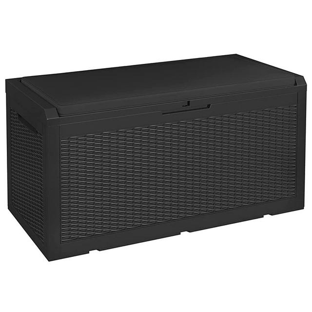 Greesum 100 Gallon Resin Deck Box Large Outdoor Storage with Seat Cushion for Patio Furniture, Garden Tools, Pool Supplies, Weatherproof and UV Resistant, Lockable, Black