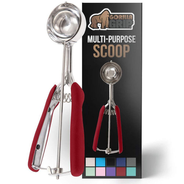 Gorilla Grip Stainless Steel Multipurpose BPA-Free Spring Scoop, 2 TBSP, for Melon, Cookie Dough, Ice Cream Scoops, Perfect Portion Sizes, Easy Squeeze and Clean Release, Scooper Size 30, Red