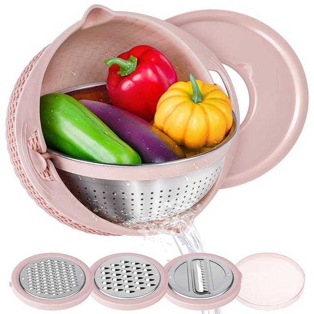 4-1 Colander with Mixing Bowl Set - Food Strainers and Colanders for Kitchen, Pasta Rice Strainer, Fruit and Veggie Wash, Rotatable Kitchen Colander Strainer Bowl (Pink)