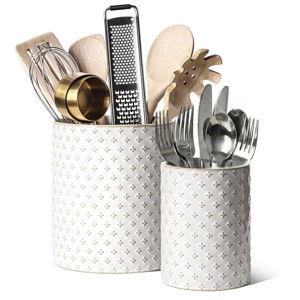 LE TAUCI Utensil Holder for Kitchen Counter - 7.1"+5.4" Ceramic Kitchen Utensil Holder Set of 2, Large Cooking Utensil Crock & Organizer for Spatula, Spoon - Embossed Kitchen Decor, White,Clover