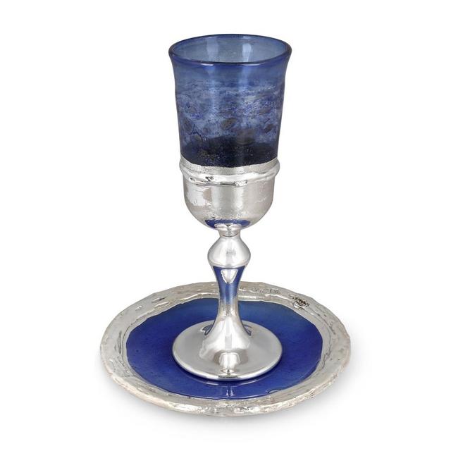 Handmade Blue Glass and Sterling Silver-Plated Kiddush Cup