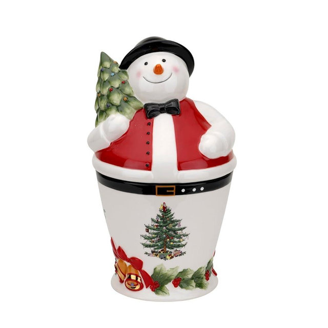 Spode Christmas Tree Mr. Snowman Cookie Jar - 10" Dolomite Christmas Cookie Jar with Lid - Winter-Themed Candy Jar for Kitchen Counter, Holiday Cookie Container, Festive Kitchen Decor, Seasonal Gift