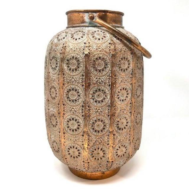 Perforated Lantern Candle Holder Cylinder Shape Copper Color Mediterranean Style