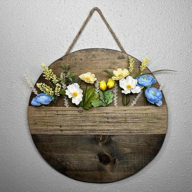 Wood circle wall decor, twine wrapped, yellow and blue floral arrangement, farmhouse wall decor