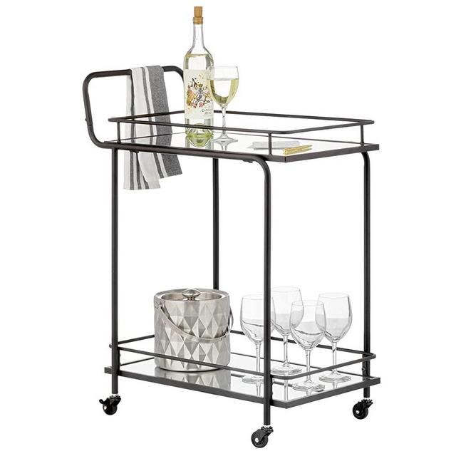 mDesign Metal Vintage Beverage Rolling Cart for Home - 2-Tier Serving Bar Trolley with Easy-Glide, Rotating Wheels, Built-in Handle, and Glass Shelves for Wine and Craft Beer - Black
