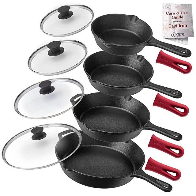 Cuisinel Cast Iron Skillet Set - 6"+8"+10+12"-Inch + Glass Lids + Silicone Handle Holder Covers - Pre-seasoned Frying Pan - Oven Safe Cookware - Indoor/Outdoor Use - Grill, Stovetop, Induction Safe