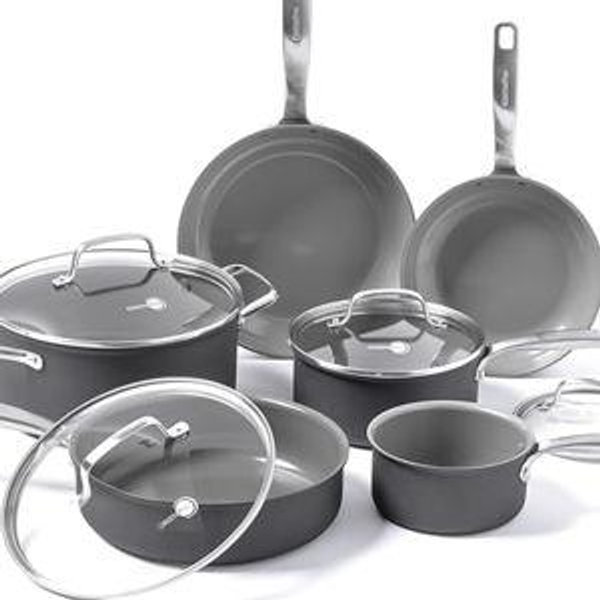 GreenPan Chatham 10 Piece Cookware Pots and Pans Set, Frying Pan Skillets, Saucepans, Saute Pan, Stockpot, Lids, PFAS-Free, Dishwasher & Oven Safe, Gray