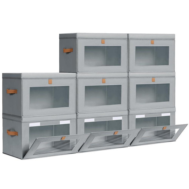 Homsorout Large Closet Storage Bins - Collapsible Storage Bins with Handles & Window, Fabric Cube Organizer with Lids, Decorative Boxes for Living Room, Closet, Dorm, 8 Pack, Grey