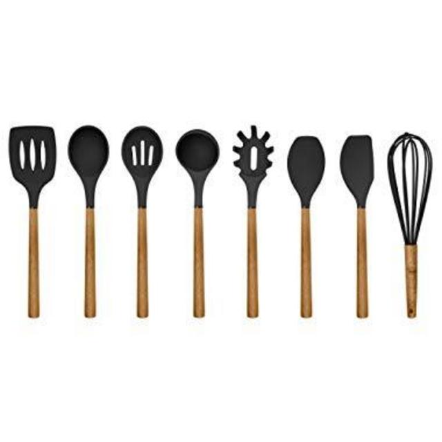 Country Kitchen Silicone Cooking Utensils, 8 Pc Kitchen Utensil Set, Easy to Clean Wooden Kitchen Utensils, Cooking Utensils for Nonstick Cookware, Kitchen Gadgets and Spatula Set - Black
