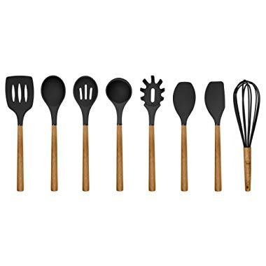 Country Kitchen Silicone Cooking Utensils, 8 Pc Kitchen Utensil Set, Easy to Clean Wooden Kitchen Utensils, Cooking Utensils for Nonstick Cookware, Kitchen Gadgets and Spatula Set - Black