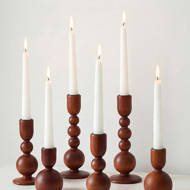 NUPTIO Candlestick Holders for Home Decor: Set of 6 Wood Taper Candle Holders for Thanksgiving Table Centerpieces - Mid Century Modern Brown